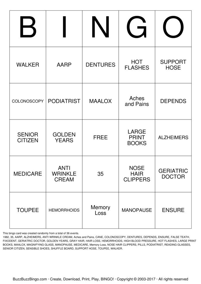OVER THE HILL Bingo Cards to Download, Print and Customize!
