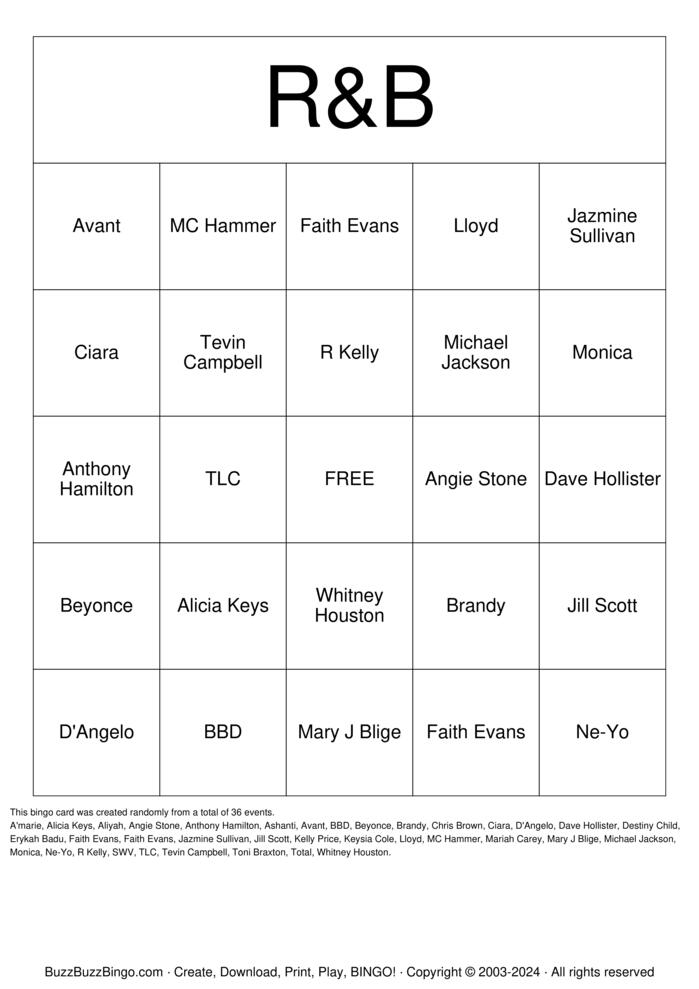 Download Free R&B Bingo Cards Download Free R&B Bingo Cards