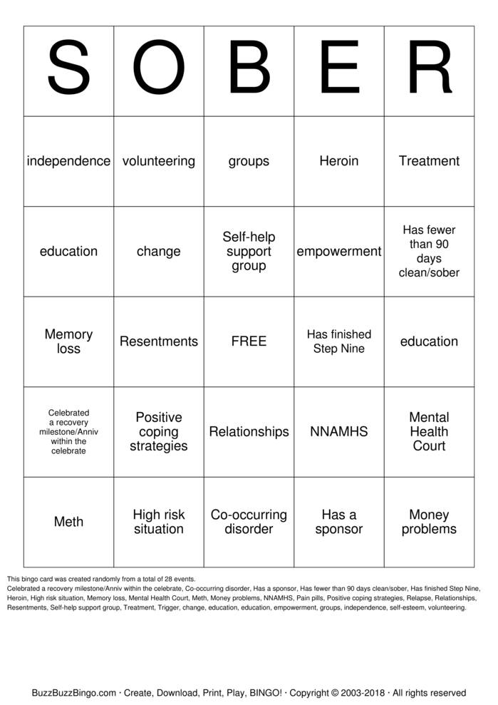 Download Free Recovery Bingo Cards