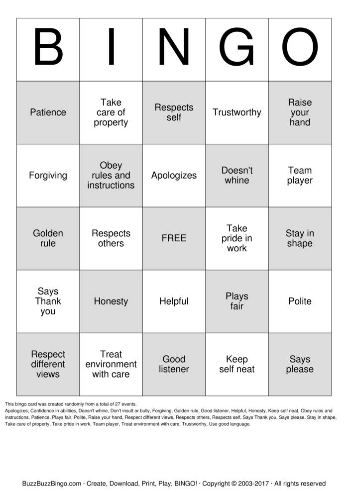 Download Free Respect Bingo Cards