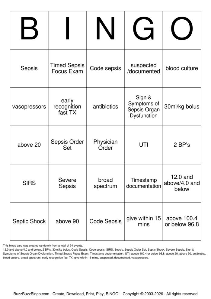 Download Free SEPSIS Bingo Cards Download Free SEPSIS Bingo Cards