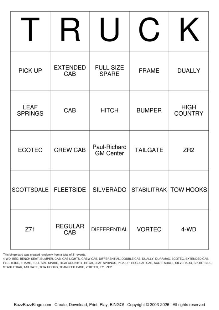 Download Free TRUCK Bingo Cards