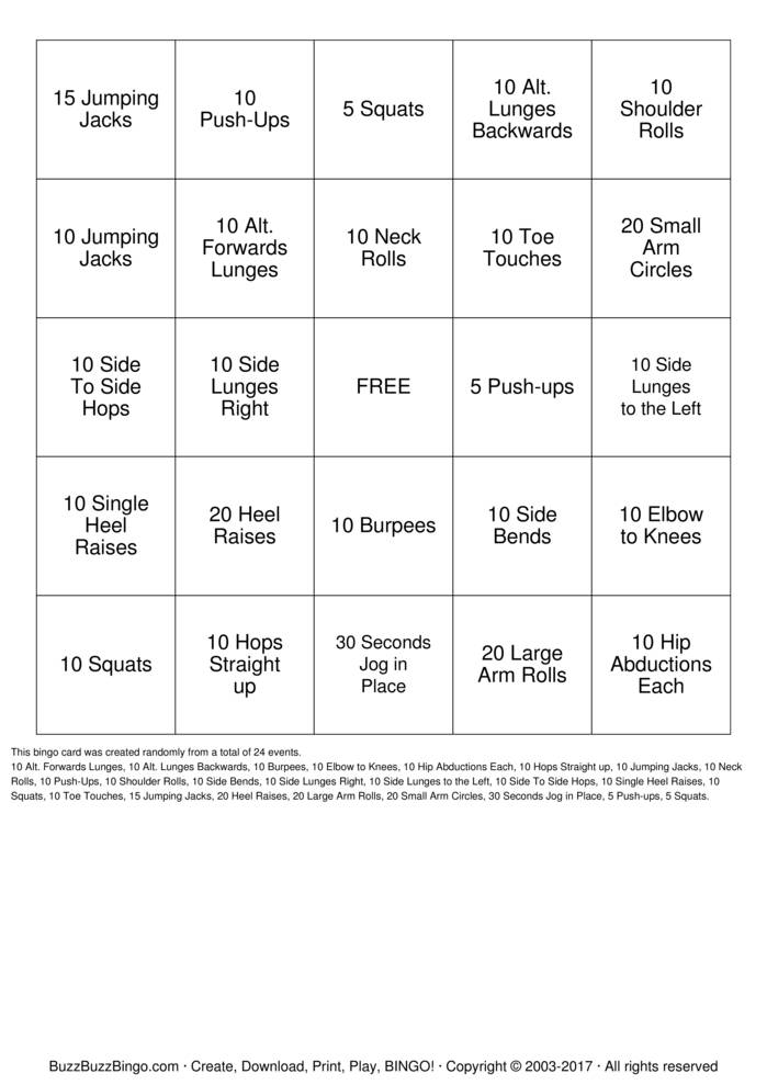 Work Out Bingo Bingo Cards to Download, Print and Customize!