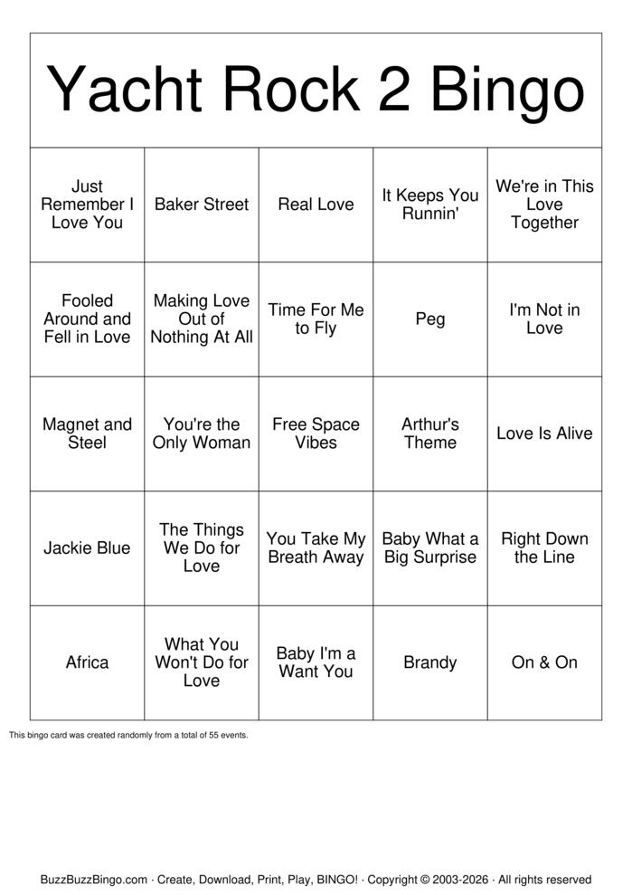 Download Free Yacht Rock 2 Bingo Cards Download Free Yacht Rock 2 Bingo Cards