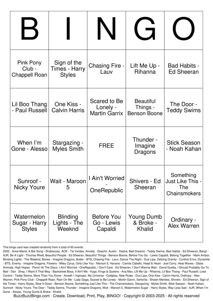 country music Bingo Cards to Download, Print and Customize!