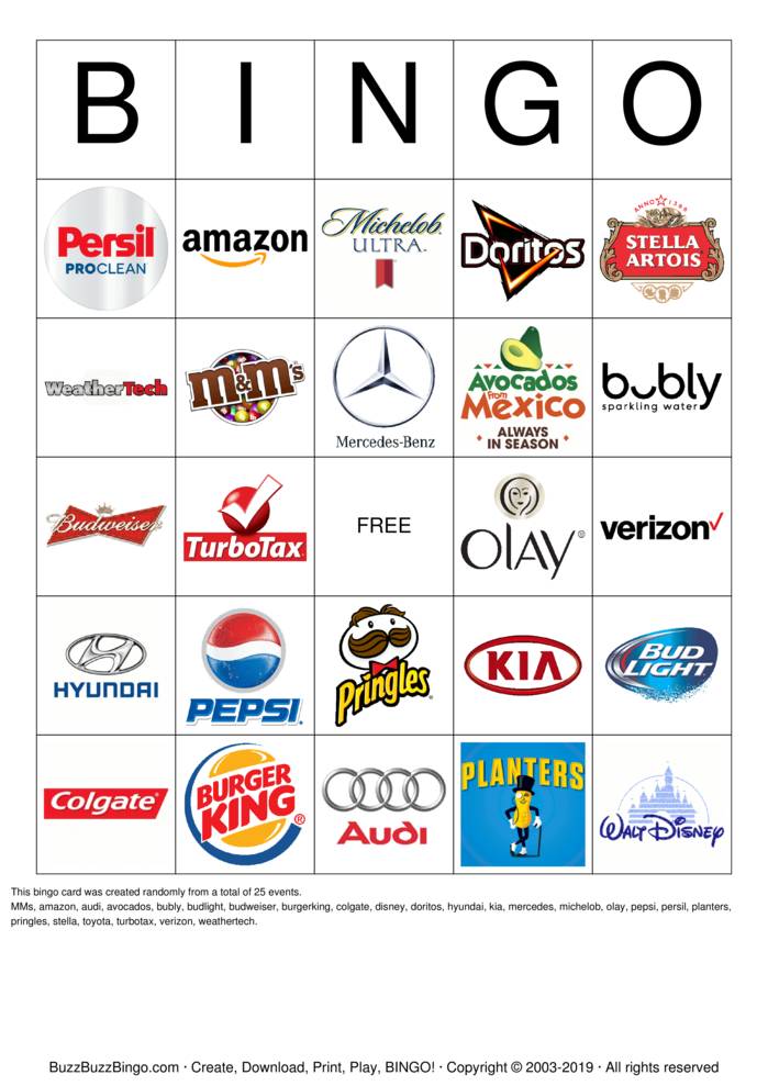 2019 Superbowl Commercial Logos Bingo Cards to Download, Print and ...