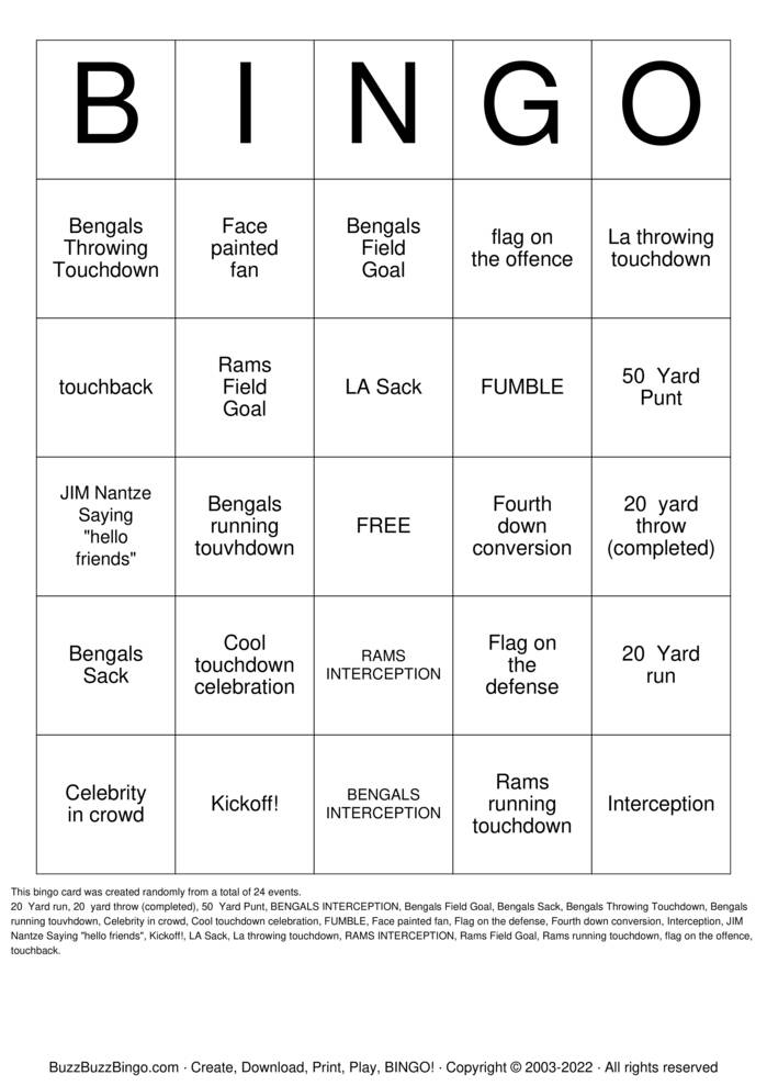 2022 Superbowl CIN vs LAR Bingo Cards to Download, Print and Customize!