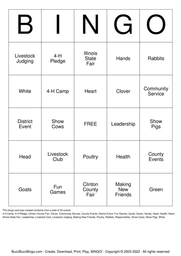 Download Free 4H Bingo Bingo Cards