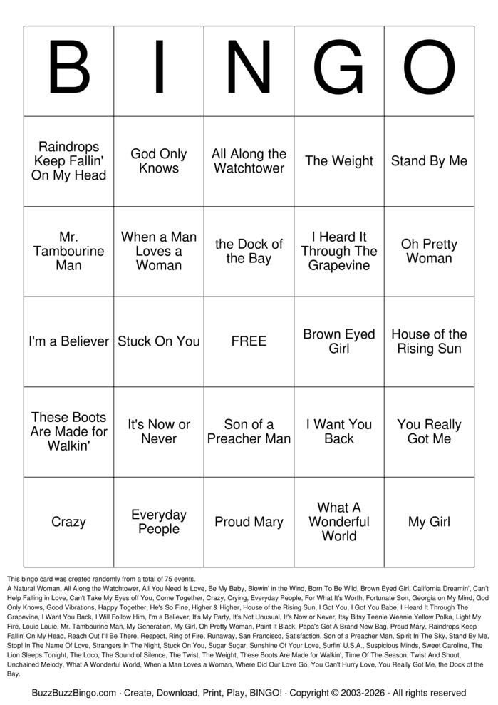 Download Free 60s Music Titles Bingo Cards