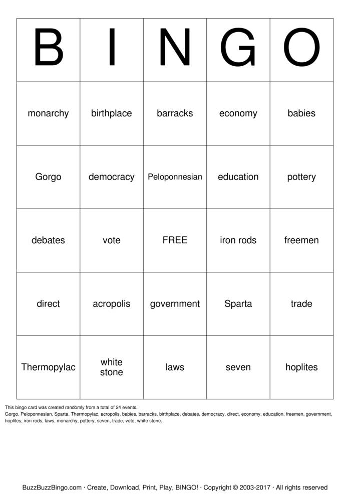 Download Free Athens and Sparta Bingo Cards Download Free Athens and Sparta Bingo Cards