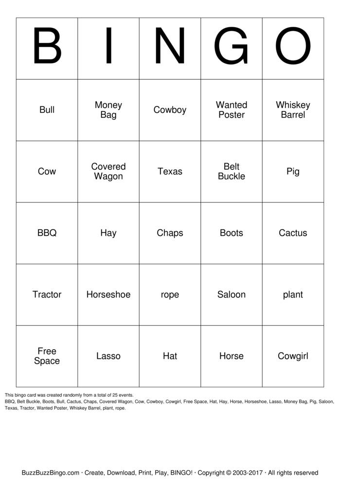 COWBOY Bingo Cards to Download, Print and Customize!