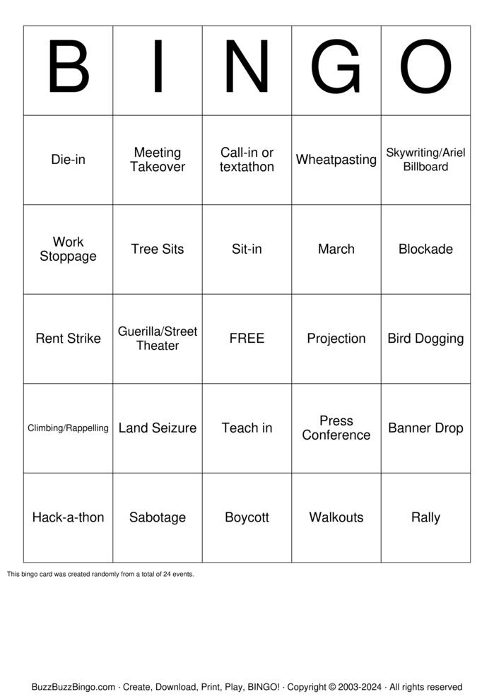 Direct Action Bingo Bingo Cards to Download, Print and Customize!