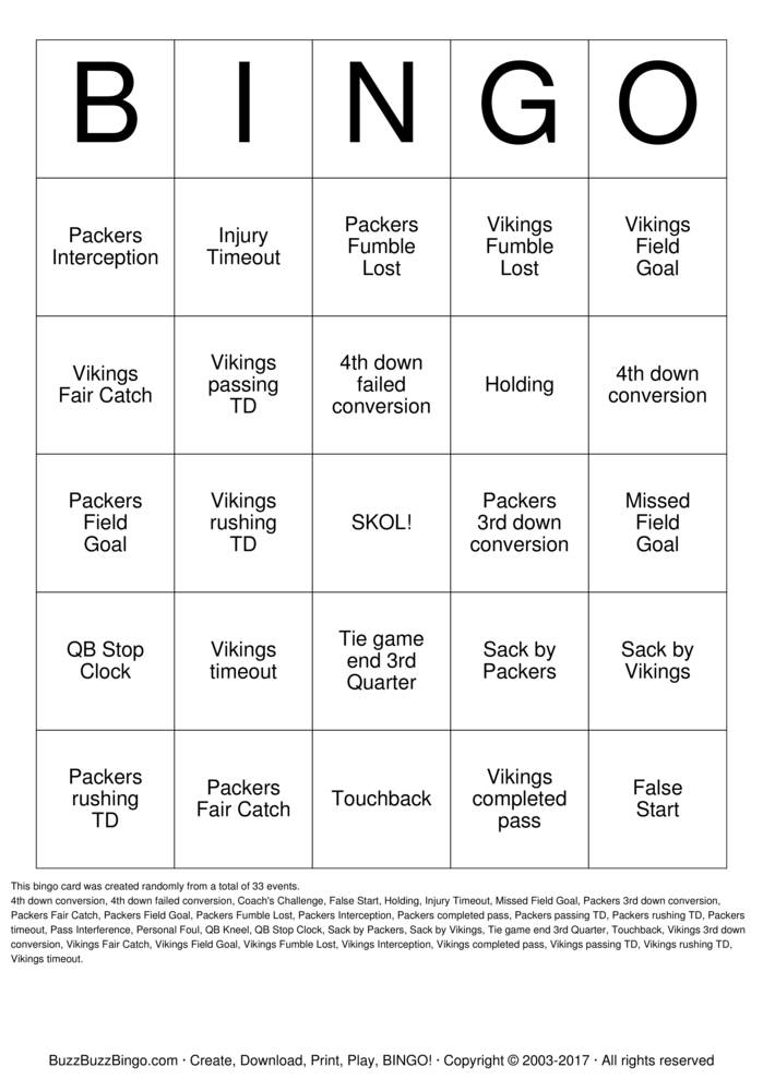 Download Free Football Bingo Cards
