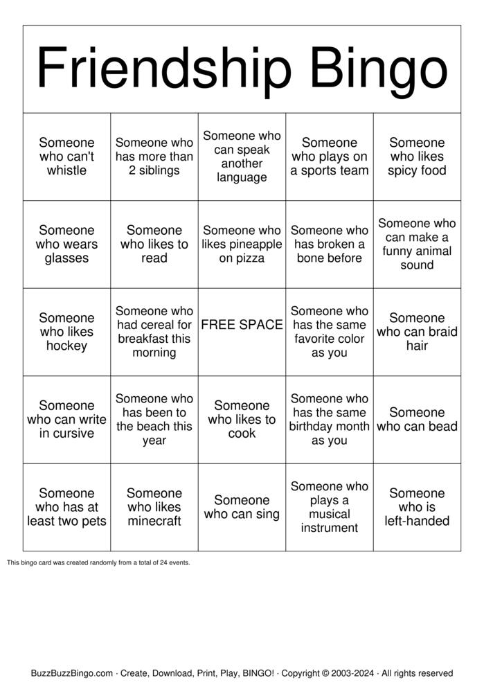 Download Free Friendship Bingo Bingo Cards Download Free Friendship Bingo Bingo Cards