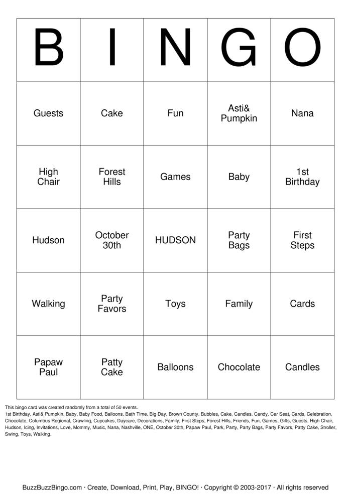 Download Free Happy 1st Birthday Hudson Bingo Cards