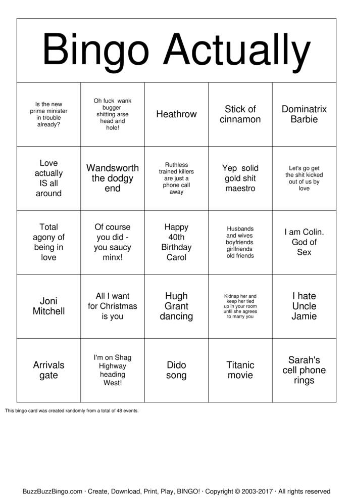 Download Free Love Actually Bingo Cards