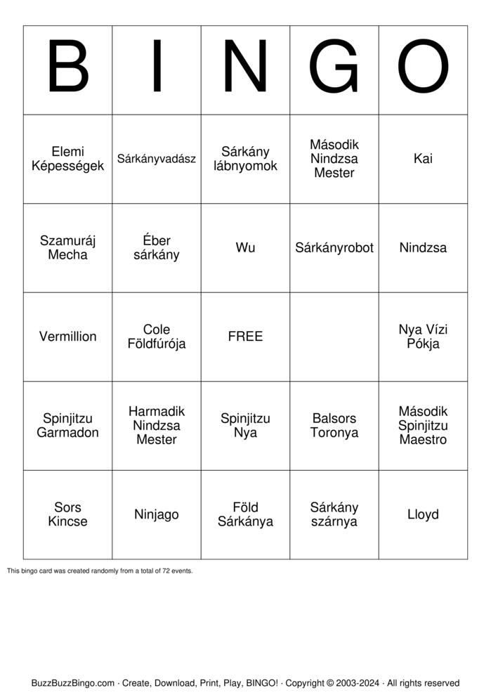 Download Free Ninjago Bingo Cards