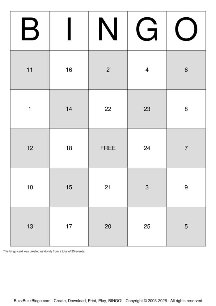 Download Free Numbers 1-31 Bingo Cards