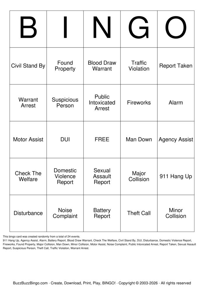 Download Free Police BINGO Bingo Cards