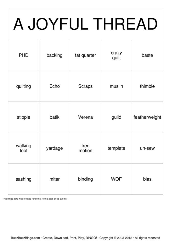 QUILT Bingo Cards to Download, Print and Customize!