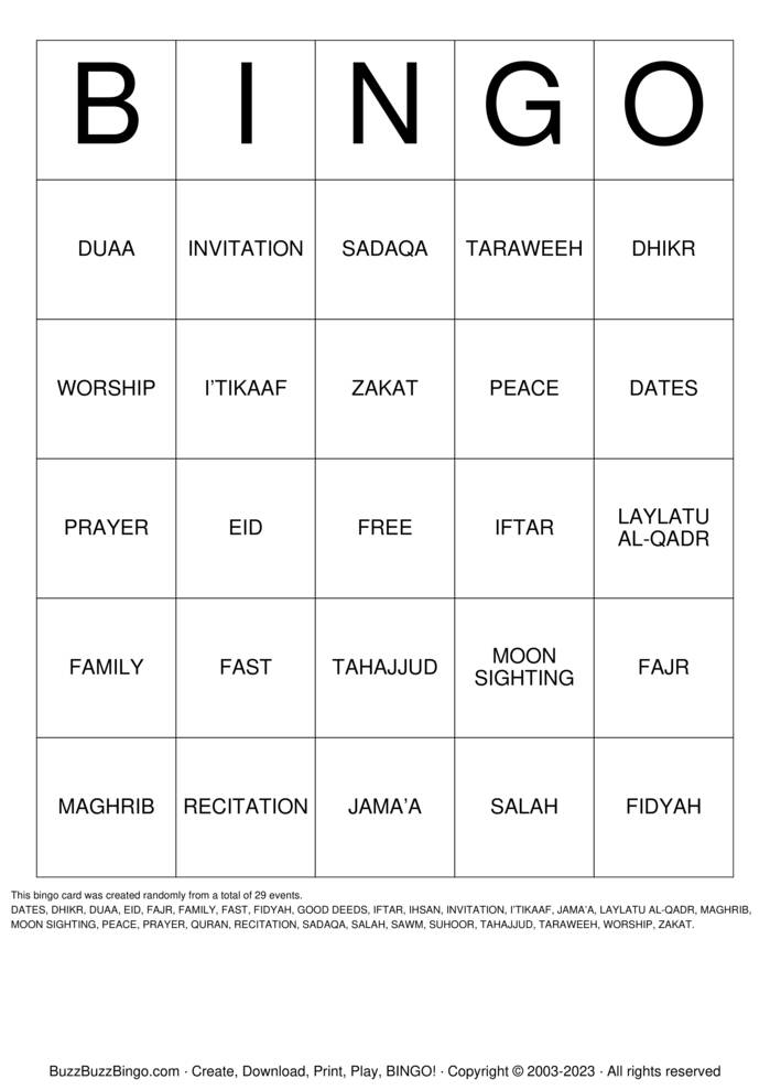 Download Free Ramadan Bingo Bingo Cards Download Free Ramadan Bingo Bingo Cards