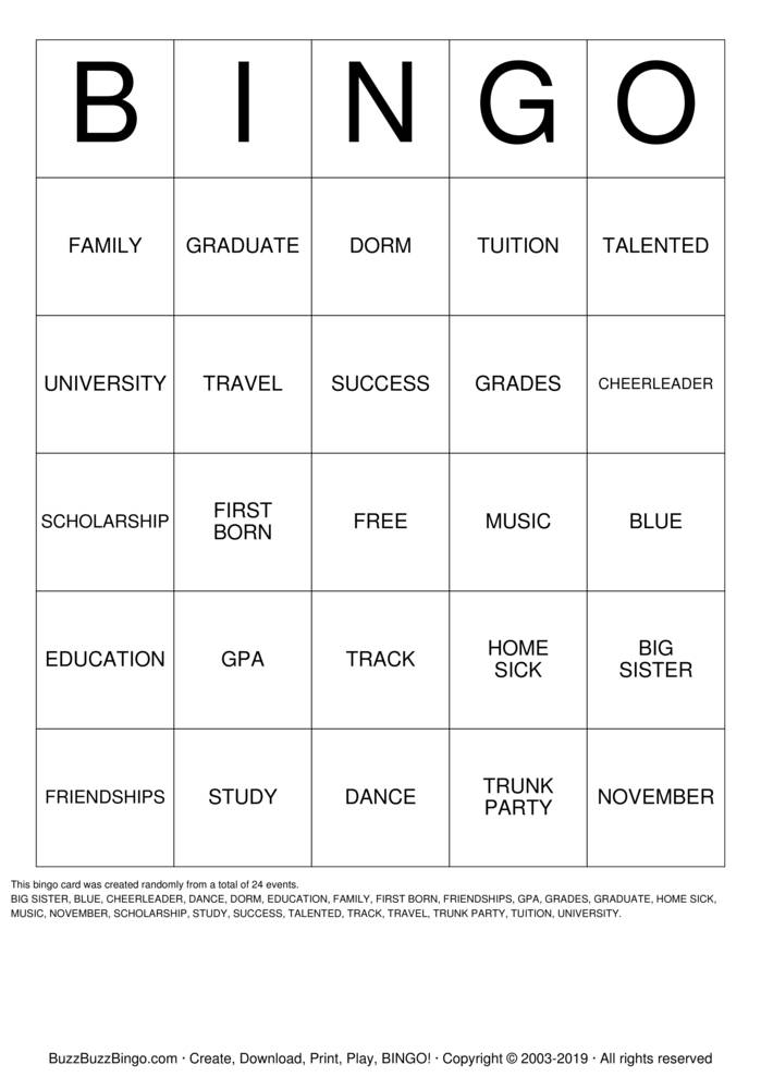 Download Free SELENA GOES TO COLLEGE Bingo Cards