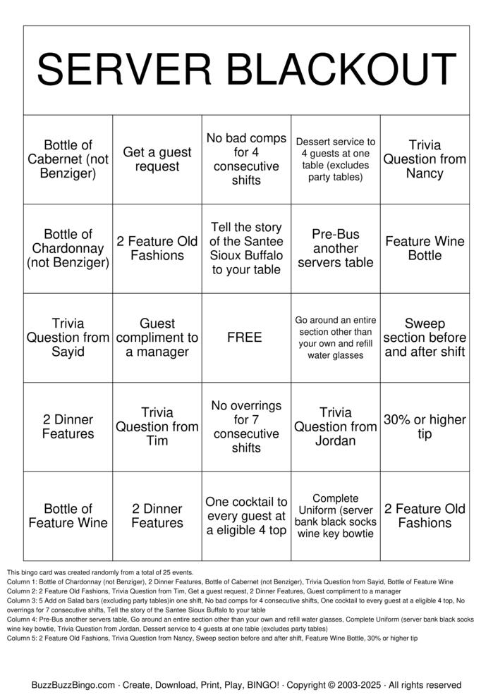 Download Free SERVER BINGO Bingo Cards