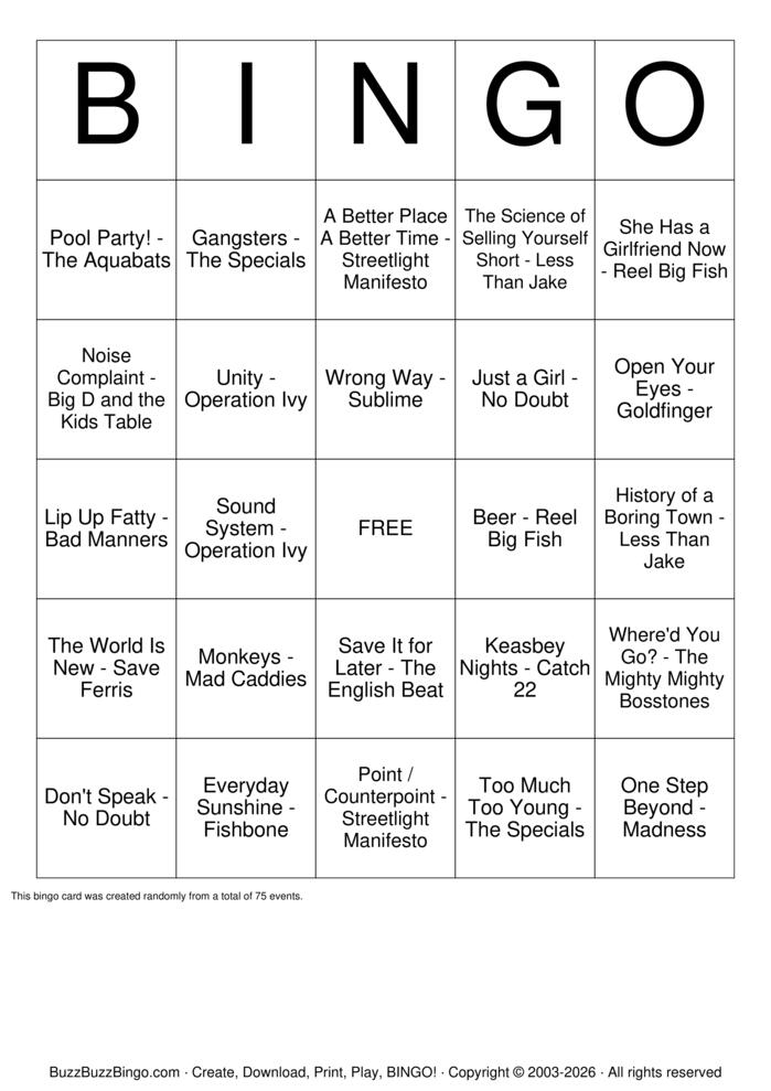 Download Free Ska Punk Bingo Cards