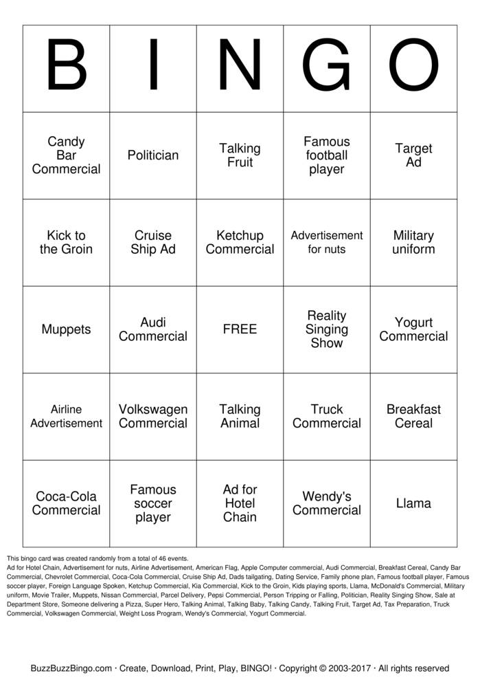 Superbowl Commercials Bingo Cards to Download, Print and Customize!