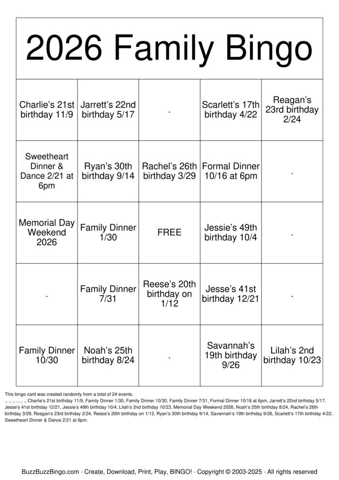 Download Free 2026 Family Bingo Bingo Cards