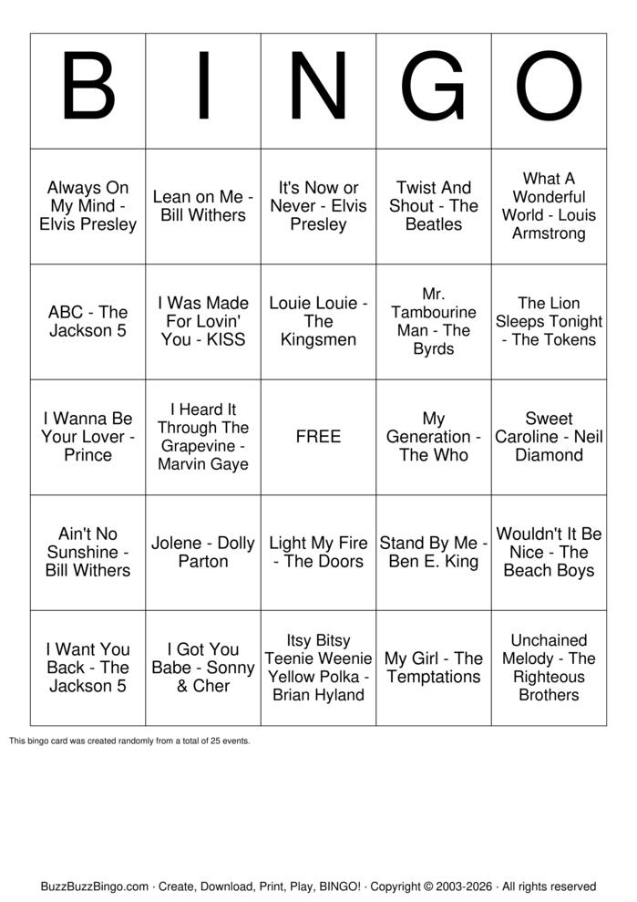 Download Free 50s-70s Musical Bingo Bingo Cards