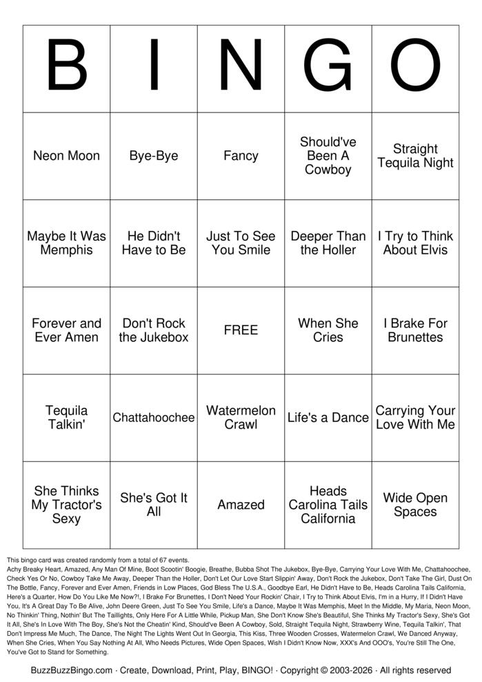 Download Free 90s Country Music Titles Bingo Cards