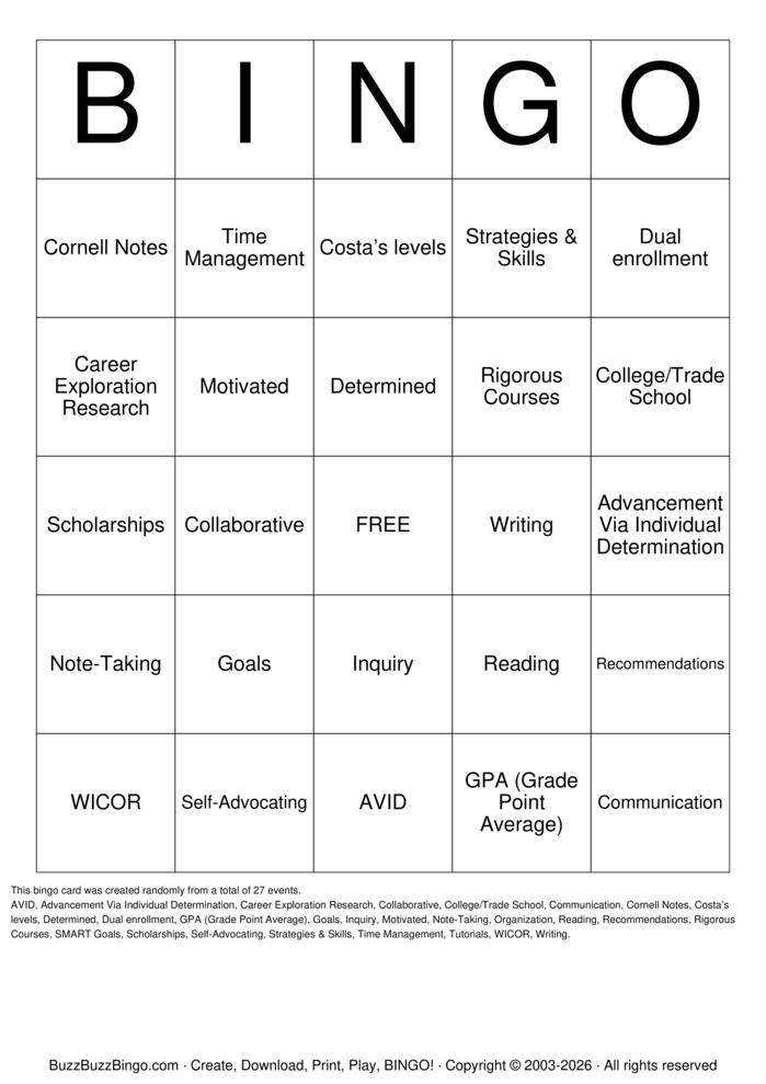Download Free AVID Bingo Bingo Cards Download Free AVID Bingo Bingo Cards