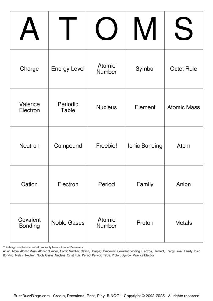 Atomic Bingo Bingo Cards to Download, Print and Customize!