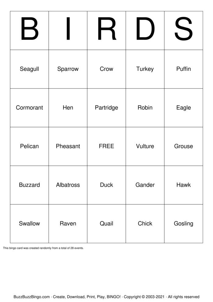 Birds Bingo Cards to Download, Print and Customize!