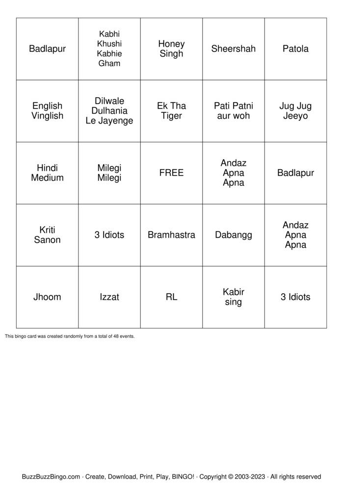 Download Free BollyWood Bingo Bingo Cards