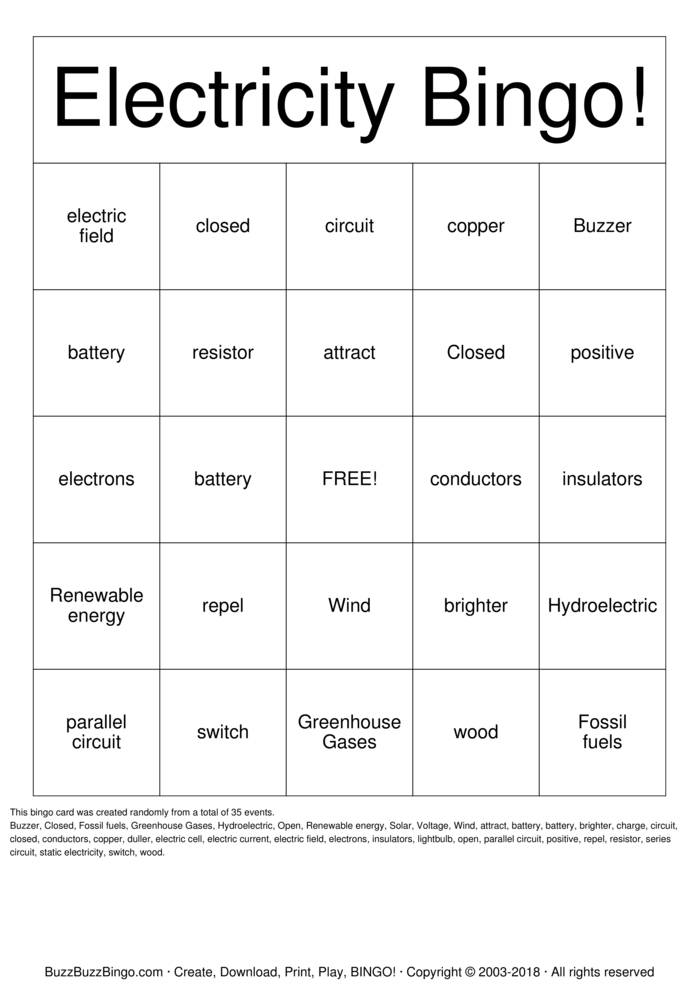 Electricity Bingo Cards to Download, Print and Customize!