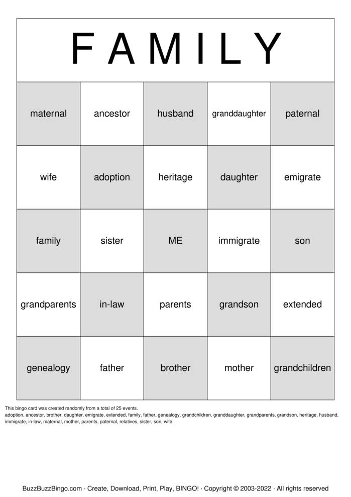 Download Free Family Bingo Cards