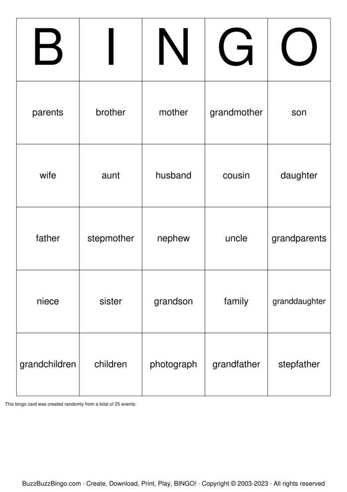 Download Free Family Bingo Cards
