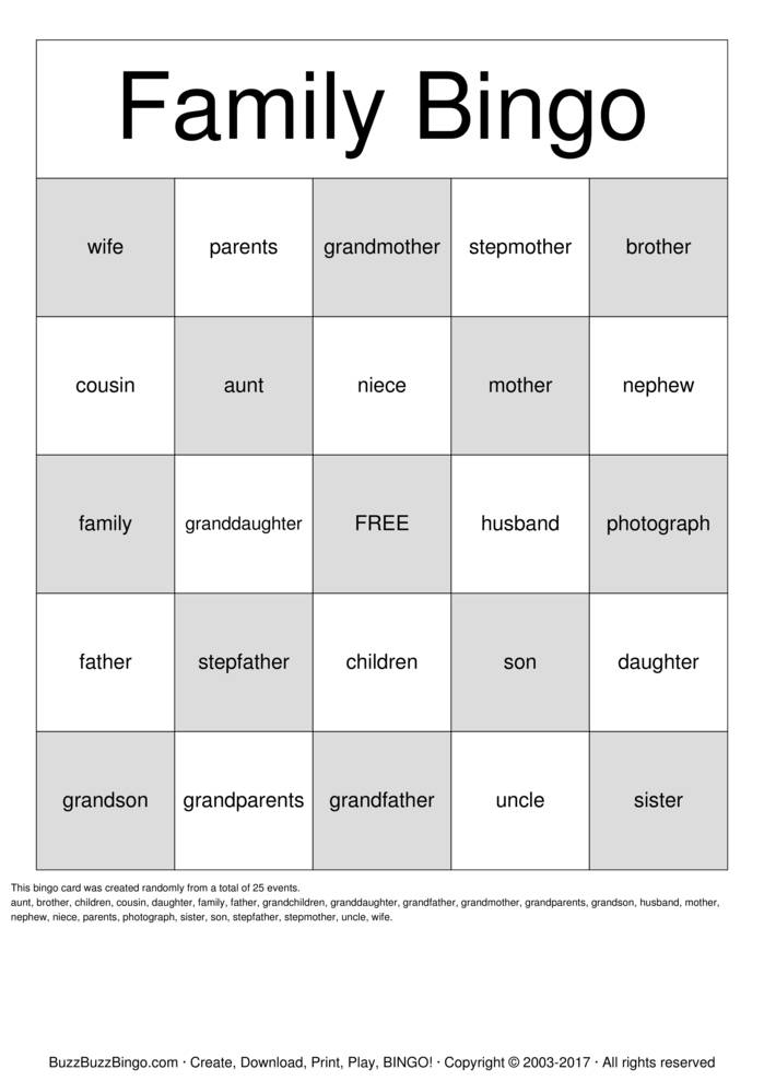 Family Bingo Cards to Download, Print and Customize!