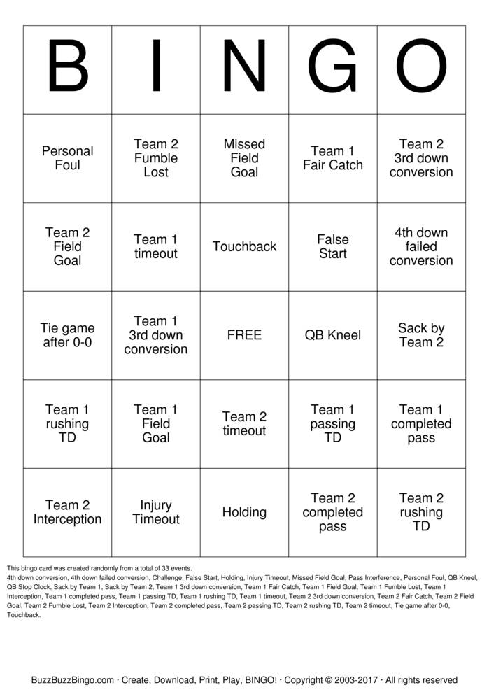 Download Free Football Bingo Cards