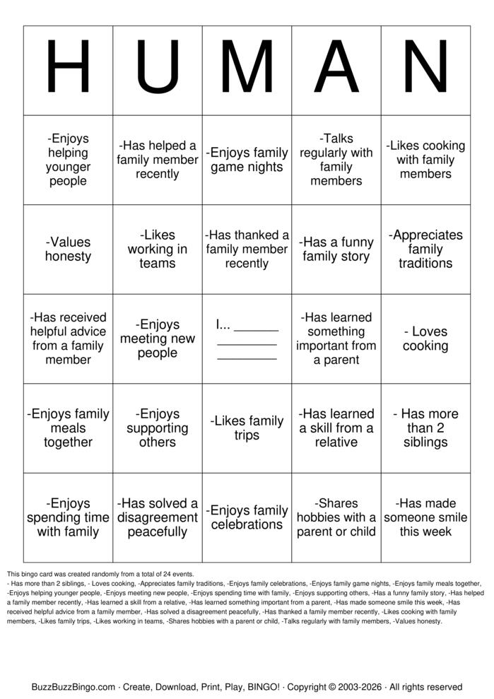 Download Free Human Bingo Cards Download Free Human Bingo Cards