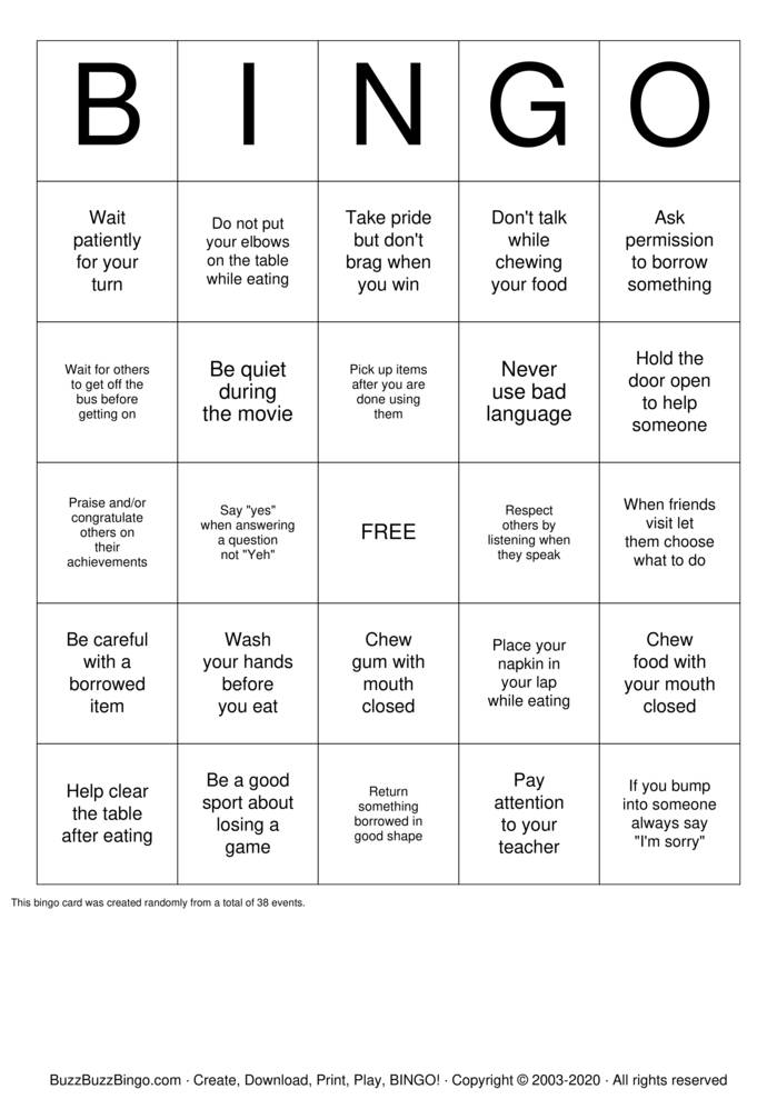 Manners Bingo Cards to Download, Print and Customize!