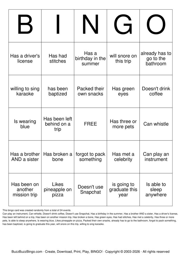 Download Free Mission Trip Bingo Bingo Cards