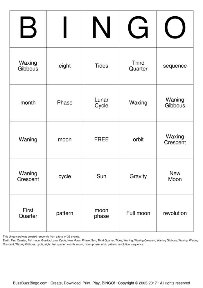 Download Free Moon Phases Bingo Cards