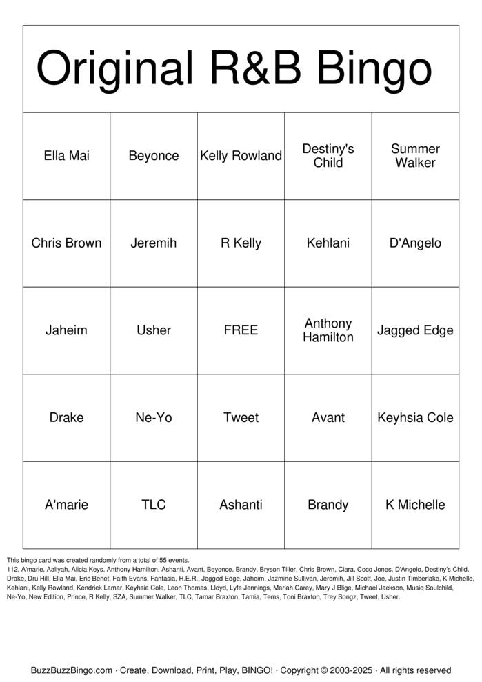 Download Free Original R&B Bingo Bingo Cards Download Free Original R&B Bingo Bingo Cards