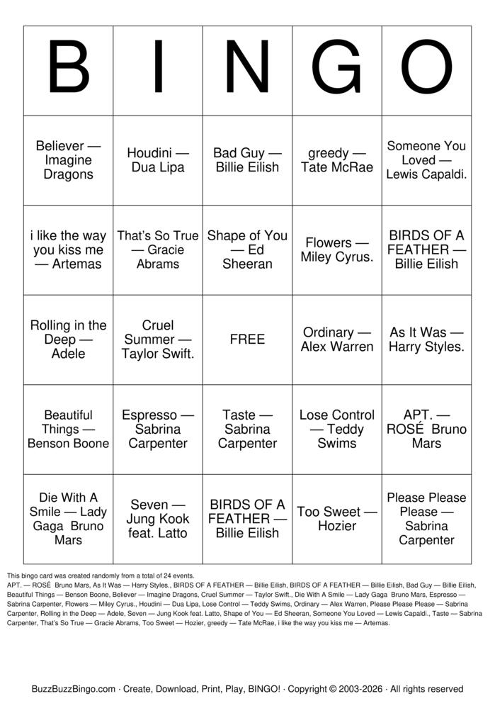 Download Free Pop Songs Bingo Cards Download Free Pop Songs Bingo Cards