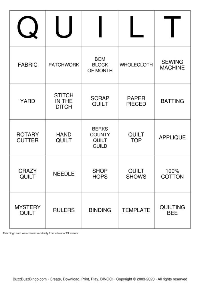 Quilt Retreat Bingo Bingo Cards to Download, Print and Customize!