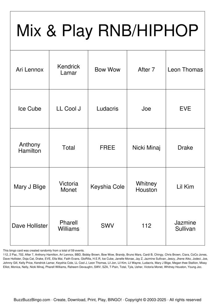 Download Free R&B and Hiphop Bingo Cards Download Free R&B and Hiphop Bingo Cards