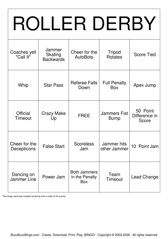 Download Free ROLLER DERBY BINGO Bingo Cards Download Free ROLLER DERBY BINGO Bingo Cards